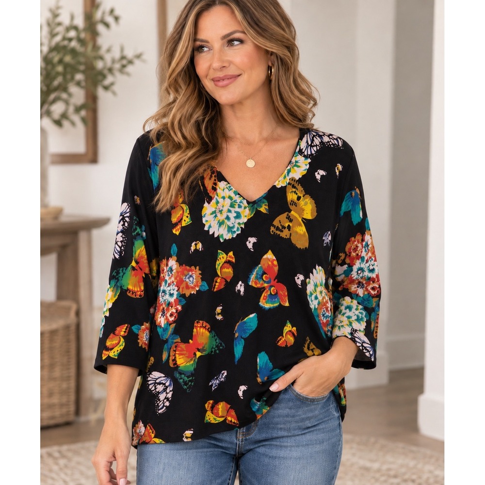 Joseph A. Women's XL Silk Blend Butterfly Floral V-Neck Knit Top 3/4 Sleeve